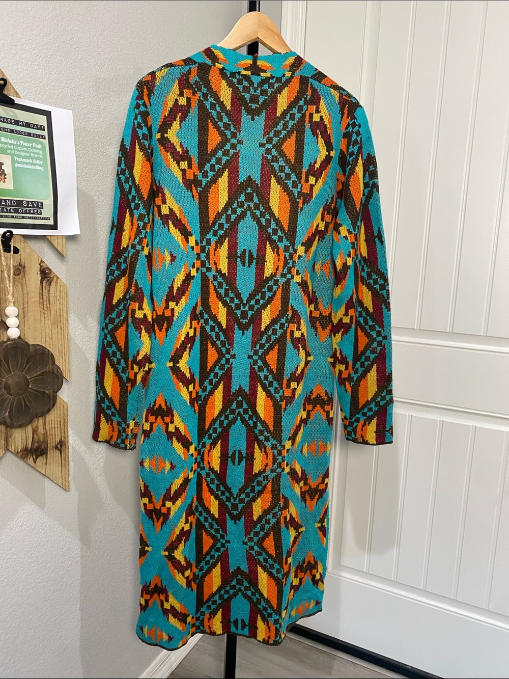 Rock & Roll Cowgirl Turquoise Orange Brown Aztec Open Cardigan - Picture 2 of 5